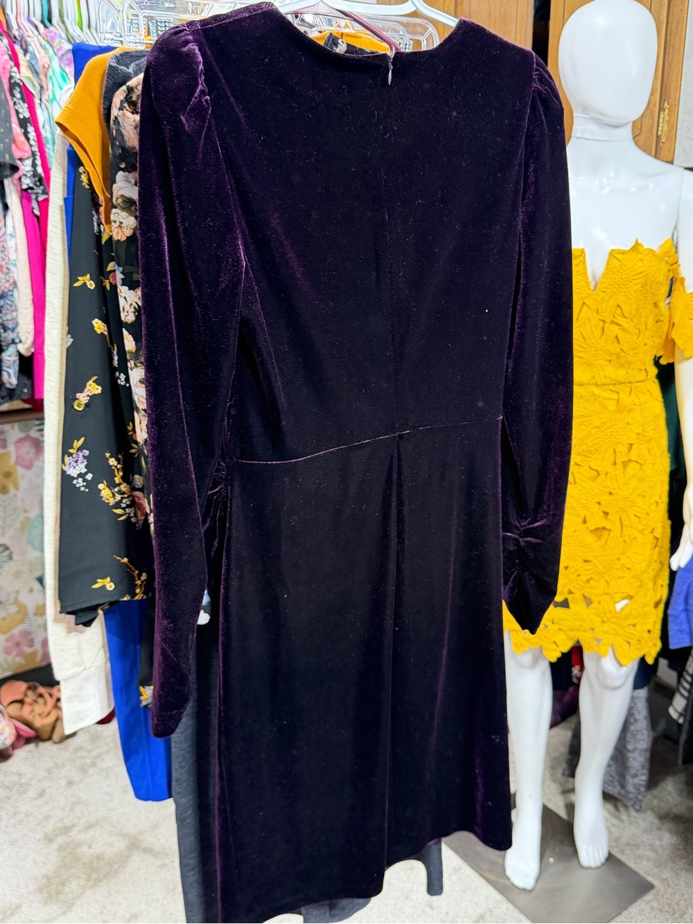 Calvin Klein Long-Sleeve Velvet Twist Waist Dress in Plum - Picture 4 of 5